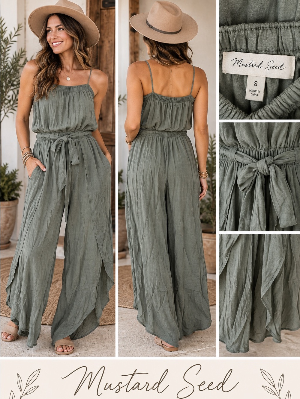 Mustard Seed Sage Green Strappy Jumpsuit S Tie Waist Boho Casual